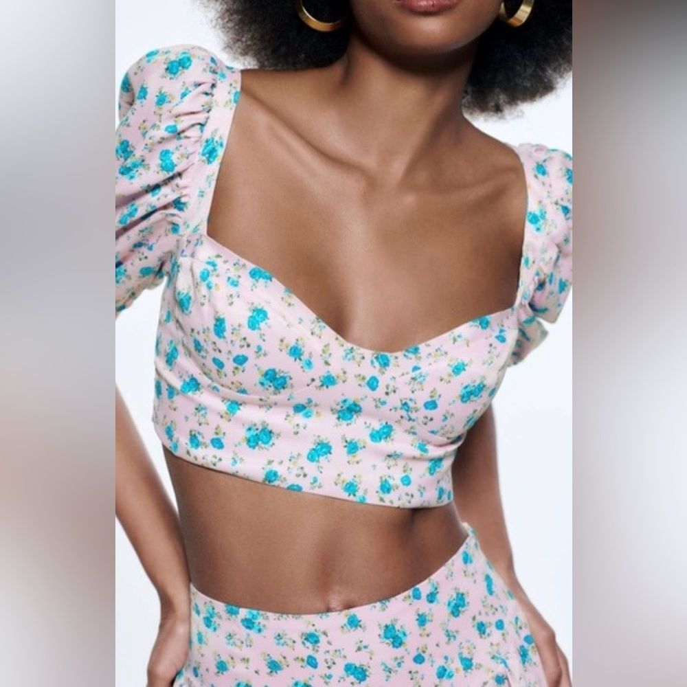 NWT Zara Floral Print Corset Top Puff Sleeve Crop Top XXL